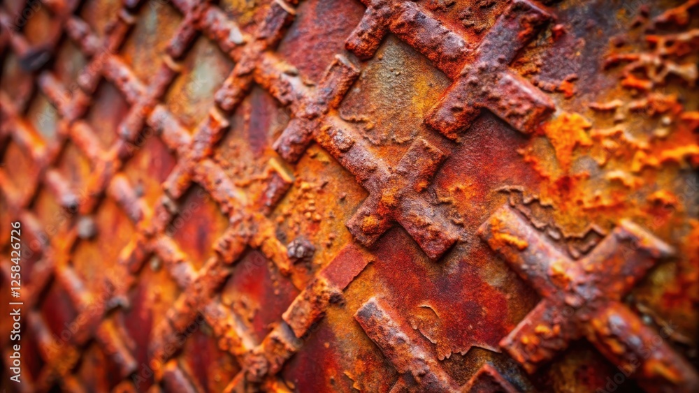 Poster intricate crosshatch pattern on heavily oxidized metal surface