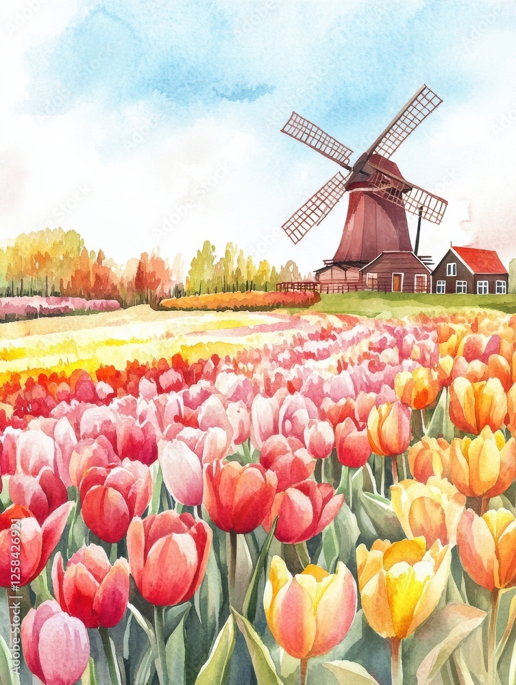 Poster Vibrant tulip fields and windmill create a picturesque spring landscape in watercolor illustration. Generative AI