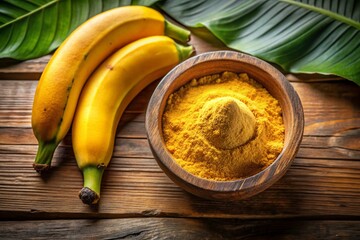 Aerial Drone Shot: Healthy Banana Powder & Ripe Bananas in Wooden Bowl