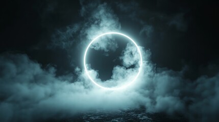 Fototapeta premium Fog cloud illuminated with striking white neon ring, great detail, dark night atmosphere generative ai