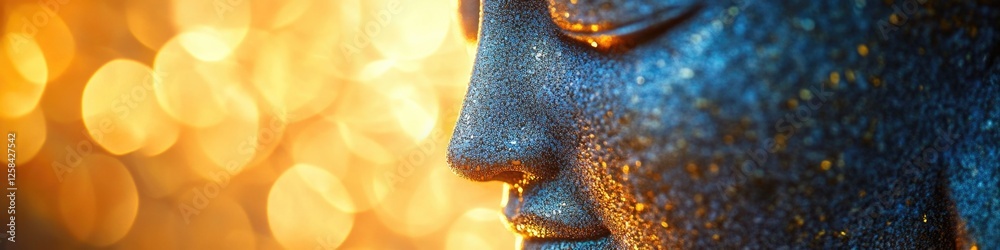 Poster a detailed view of a statue depicting a human face, with intricate features and expressions