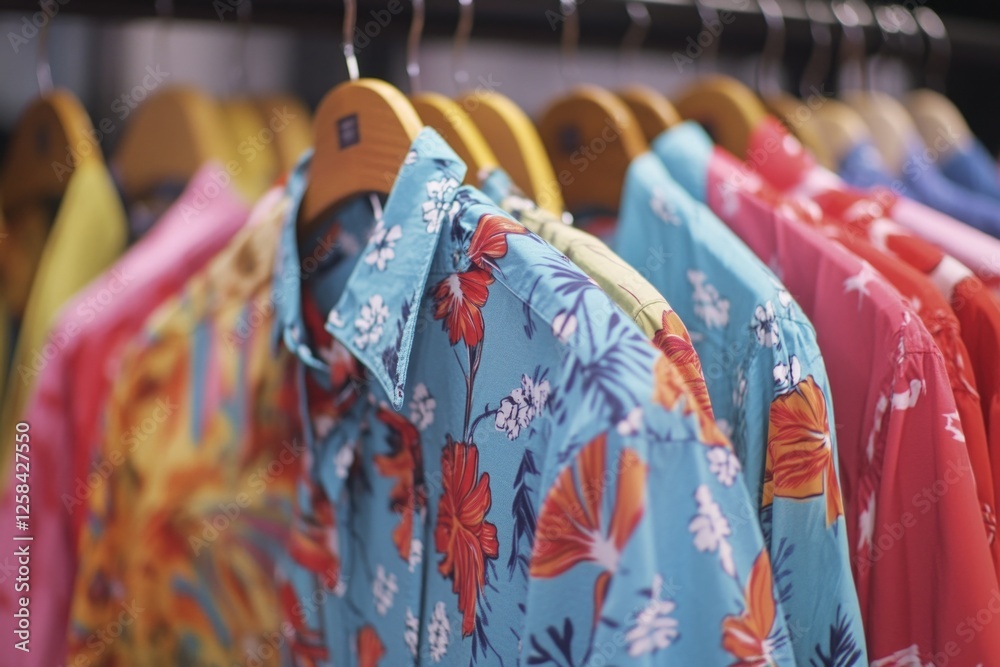 Poster clothing items displayed on a garment rack with multiple shirts hanging from hooks