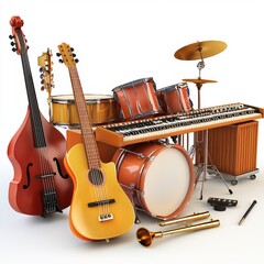 Naklejka premium Colorful Musical Instruments Arrangement Featuring Acoustic Guitar, Bass Guitar, Drums, Keyboard, Trumpet and Tambourine on White Background