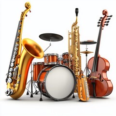 A Colorful Array of Musical Instruments Including a Saxophone, Drums, Clarinet, and Violin Arranged Harmoniously for a Captivating Performance Setting