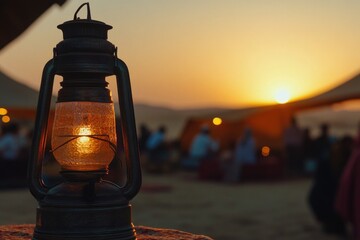 A lantern lit on a table with people in the background, great for events or gatherings