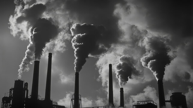 Red white chimneys with smoke, pipes with steam set. Industrial smog clouds, factory or plant flues isolated on blu sky background, environmental air pollution concept realistic vector