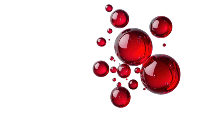 Red spheres floating on transparent background: 3d render of glossy bubbles
