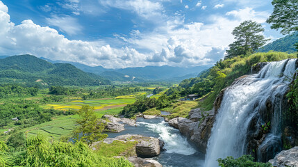 Waterfall cascade at beautiful nature cartoon panoramic landscape. River stream flowing from rocks and fall to creek or lake with green hills and fields under blue sky with clouds, Vector