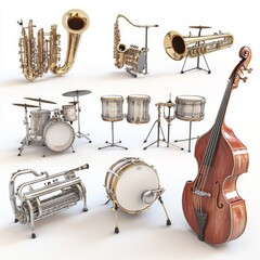 Collection of Musical Instruments Featuring Various Saxophones, a Drum Set, a Double Bass, a Brass Horn, and Additional Percussion Equipment