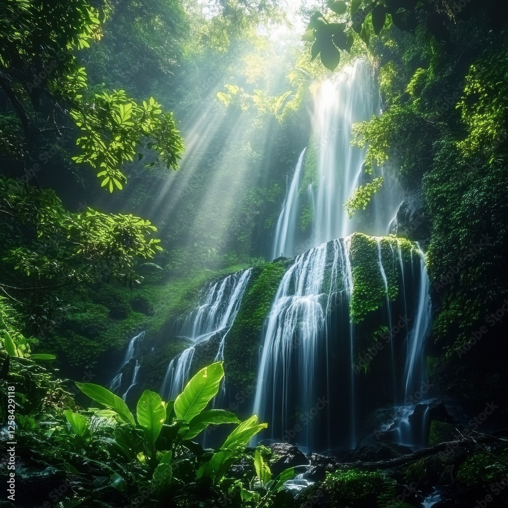 Aufkleber Majestic waterfall cascading through lush rainforest with sunlight streaming down creating a serene atmosphere. Generative AI
