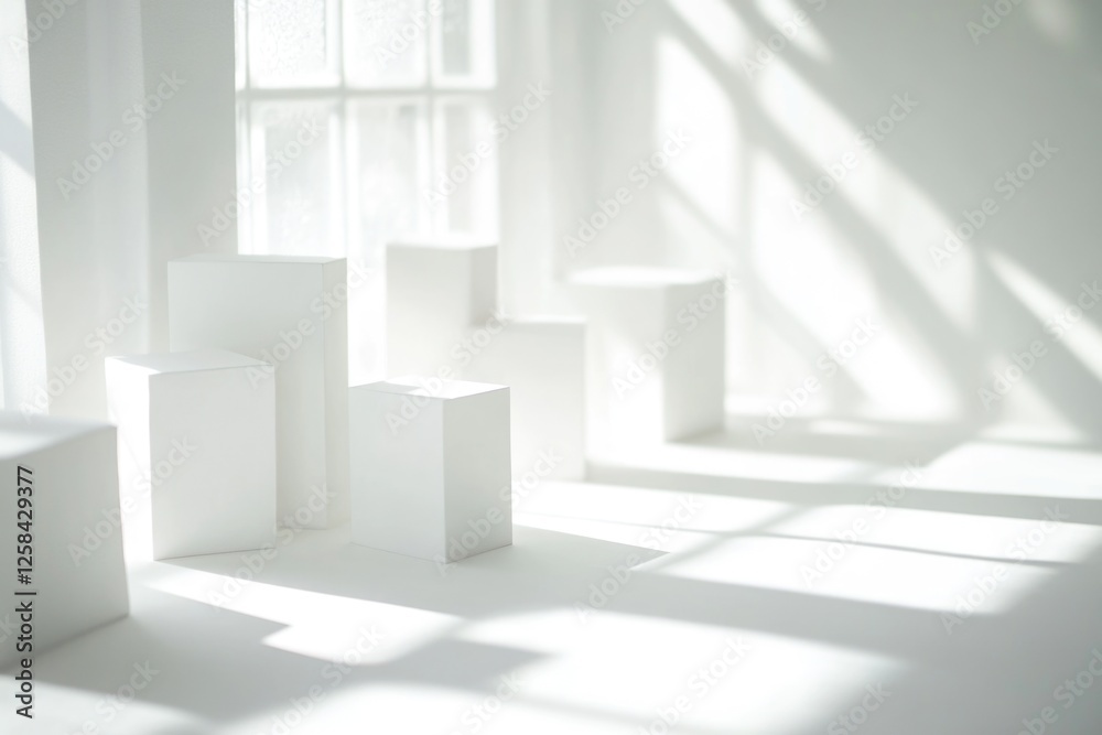 Poster a simple room filled with numerous white storage boxes