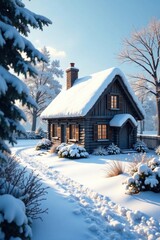 Snow-covered cottage with a chimney, cottage, snowflakes, chimney
