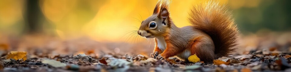 Obraz premium A small mammal stands amidst a heap of autumn foliage