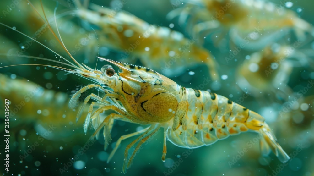 Poster a group of vibrant shrimp moves through clear water, displaying their colorful exoskeletons while cr