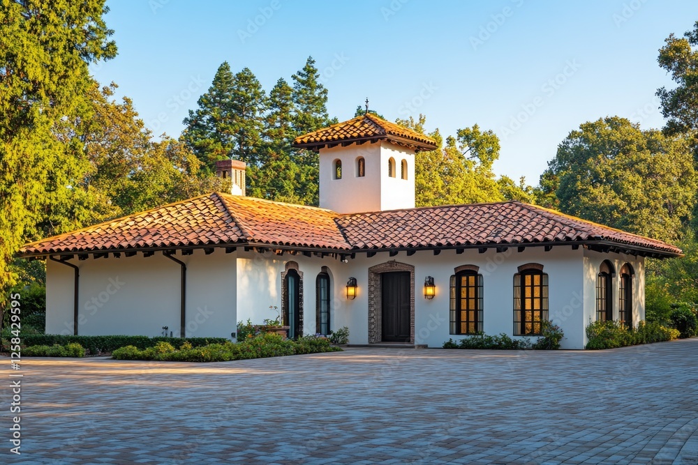 Poster a white building with a clock tower on its roof, suitable for use in architecture, cityscape or land