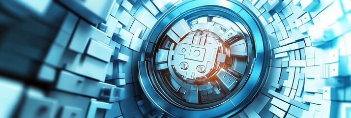 Obraz premium Abstract blue tech background with geometric shapes and central glowing core.