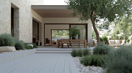 Modern Home Exterior Patio with Olive Tree