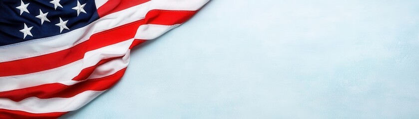 A vibrant American flag drapes against a light blue background, symbolizing patriotism and national pride.