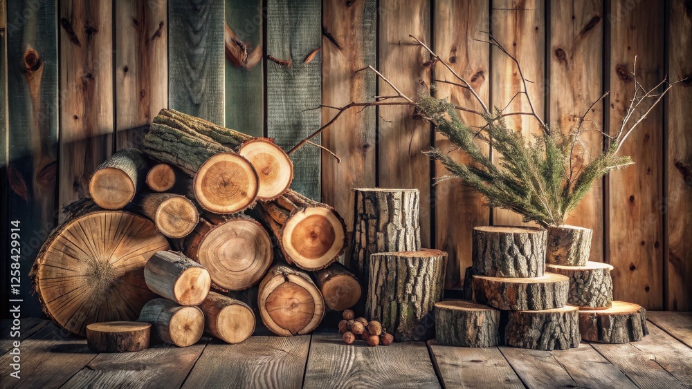 Aufkleber rustic wooden logs and branches arranged against a weathered wood background, creating a natural and
