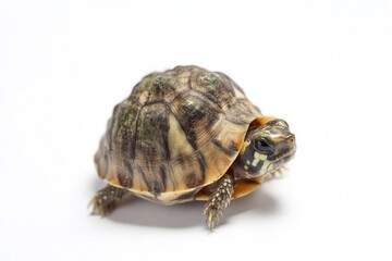 Obraz premium A small turtle is photographed in close-up, sitting on a white surface