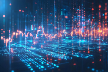 Arrows pointing upwards, blue background with stock market charts and graphs