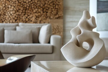 A figurine sits atop a table beside a sofa, perfect for decorative purposes or as a conversation starter