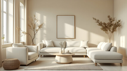 Serene Neutral Tones: A minimalist living room with soft beige walls, simple white furniture, and subtle wood accents.