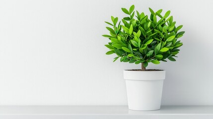 Fototapeta premium A vibrant green potted plant sits against a minimalist wall, adding a touch of nature to the interior decor.