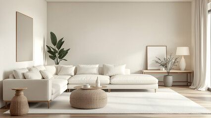Serene Neutral Tones: A minimalist living room with soft beige walls, simple white furniture, and subtle wood accents.