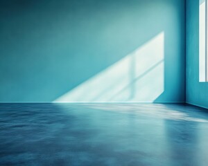 Modern empty room with blue walls and sunlight
