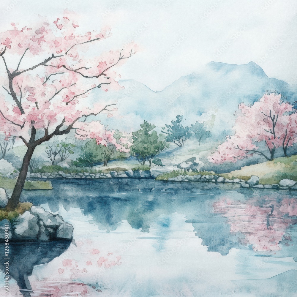 Aufkleber tranquil landscape featuring cherry blossom trees and a serene lake in a mountainous region during s