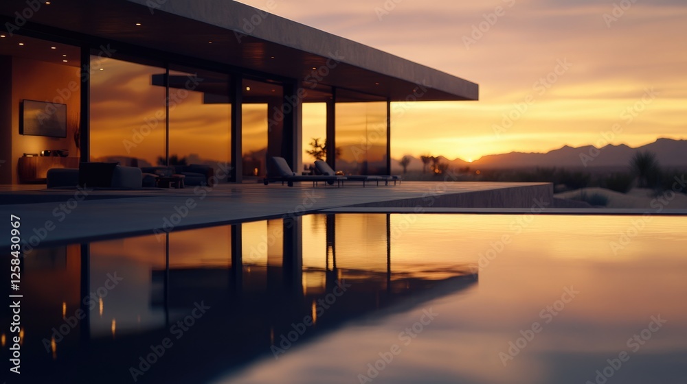 Poster a residential home with an outdoor pool and surrounding scenery at the time of day when the sun sets