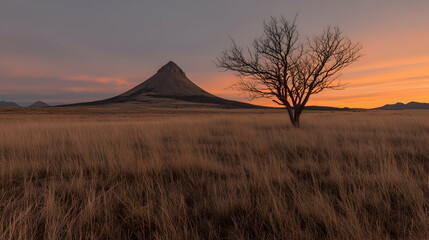 Lone tree in field, sunset over mountain, plains landscape, nature background