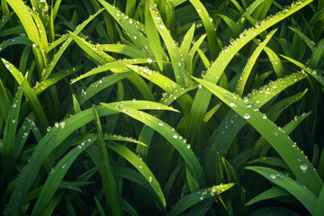 Fototapeta premium Ultra-detailed dew-covered grass texture, vibrant green blades with glistening water droplets reflecting sunlight.