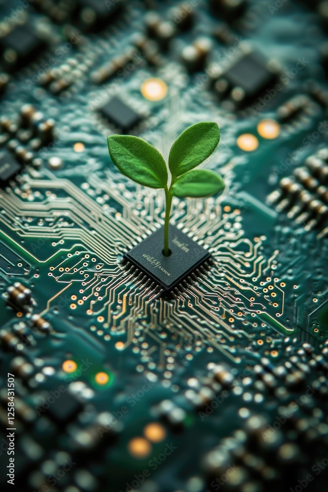 Poster a small plant grows from the surface of a circuit board, showcasing the unexpected fusion of nature 
