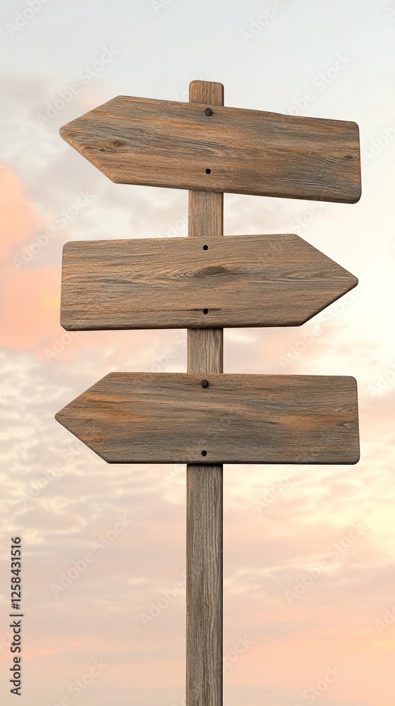 Poster three blank wooden arrow signs pointing in different directions against a cloudy sunset sky represen