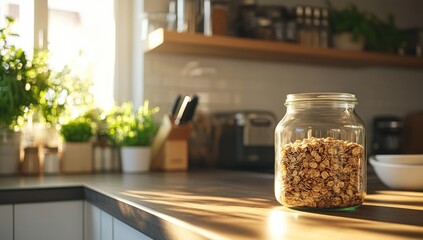 A glass jar of granola on the kitchen counter,