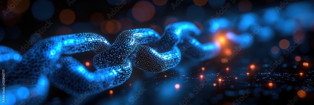 Poster pulsating dots representing blockchain technology in a digital landscape