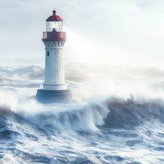 Strong waves crash against a lighthouse during a storm at sea near a rocky coastline