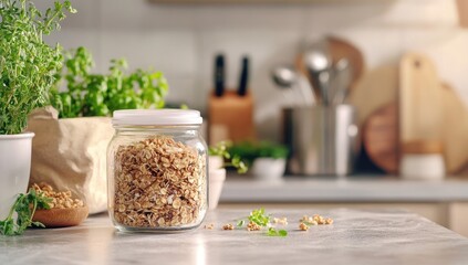 A glass jar of granola on the kitchen counter,