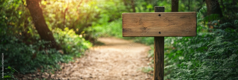 Aufkleber Sunlight filters through trees illuminating an empty wooden sign in a forest, indicating a path and inviting exploration and decision making