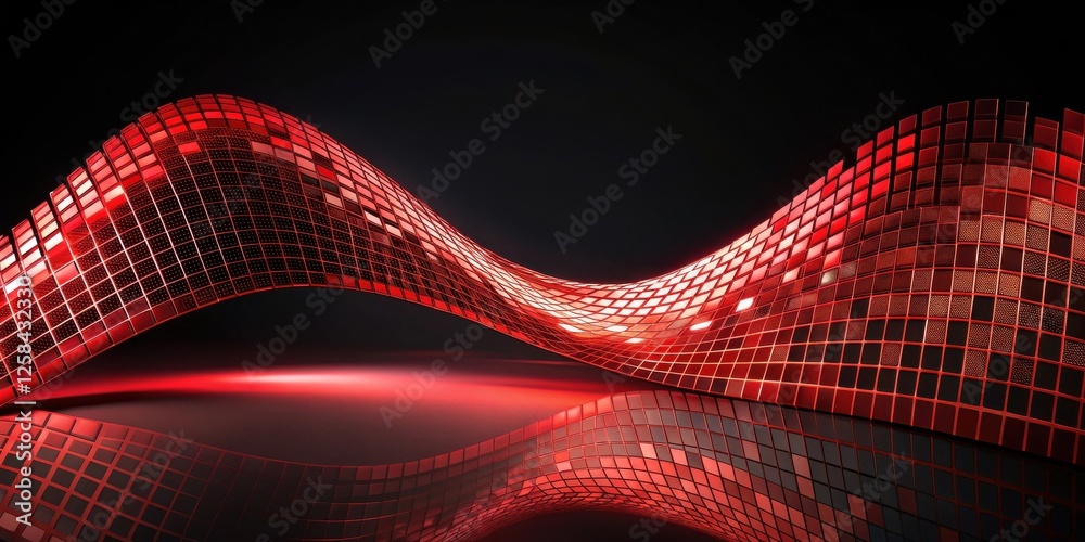 Poster Abstract Red Grid Surface, Dynamic Wave Pattern, Technology Background