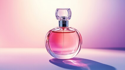 A glass perfume bottle with pink liquid inside, centered on a gradient background.