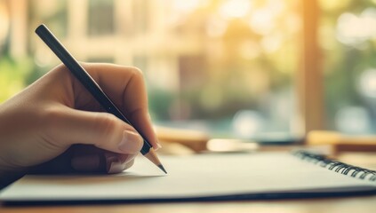 Hand Writing on Notebook Near Window