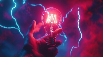Hand holding illuminated lightbulb against vibrant neon background, symbolizing innovation and ideas.