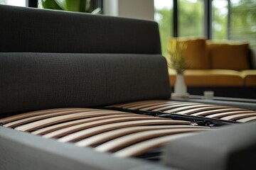 A comfortable bed with wooden slats in a cozy living room setting