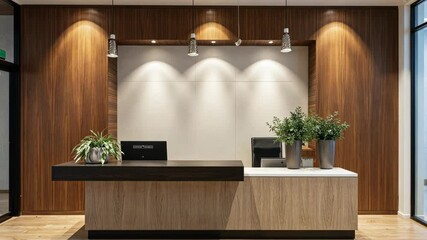 Modern office lobby with a wooden wall and a black desk. The desk has a computer and a vase with flowers on it. The room is well lit and has a clean, professional look