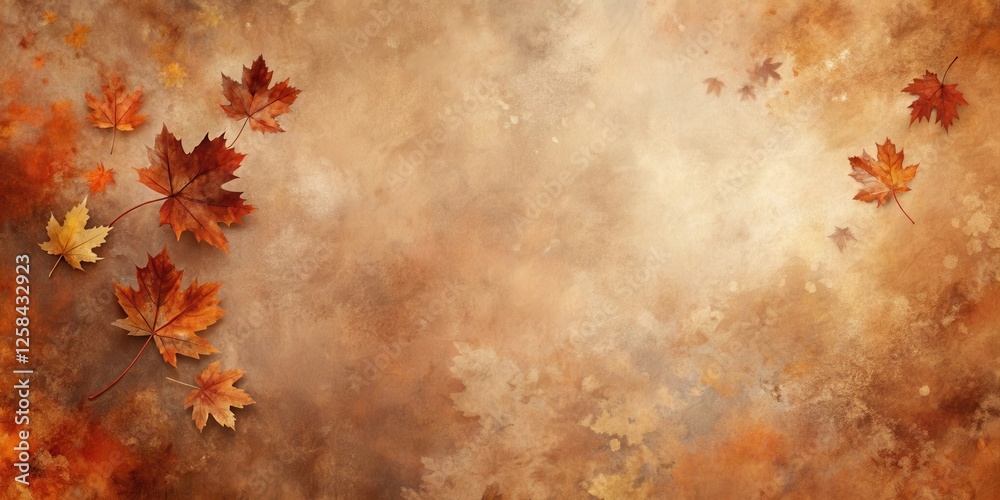 Poster autumnal background with scattered maple leaves on textured surface
