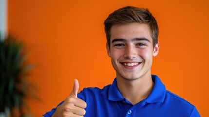 A happy young adult with a bright smile and thumbs up gesture, suitable for positive and uplifting themes