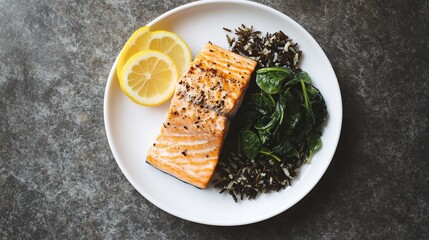 Grilled salmon fillet with wild rice and spinach on a white plate.